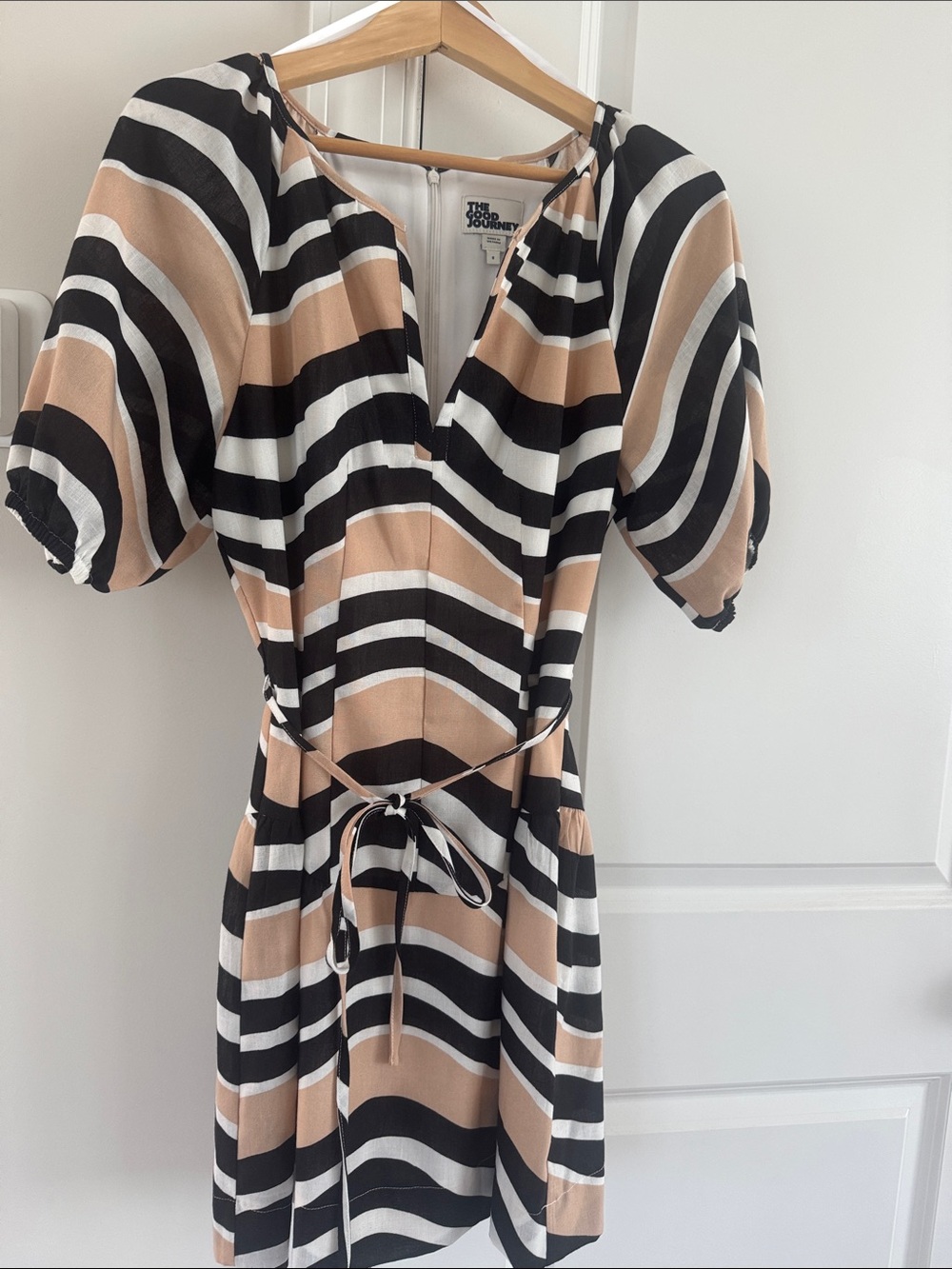 Black, White & Tan Striped Mini Dress
